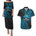 Personalised Cronulla-Sutherland Sharks Couples Matching Puletasi and Hawaiian Shirt Polynesian Tribal Pattern With Rugby Shark Mascot Art