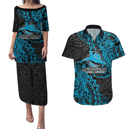 Personalised Cronulla-Sutherland Sharks Couples Matching Puletasi and Hawaiian Shirt Polynesian Tribal Pattern With Rugby Shark Mascot Art