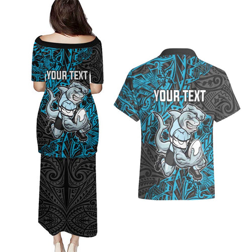 Personalised Cronulla-Sutherland Sharks Couples Matching Puletasi and Hawaiian Shirt Polynesian Tribal Pattern With Rugby Shark Mascot Art