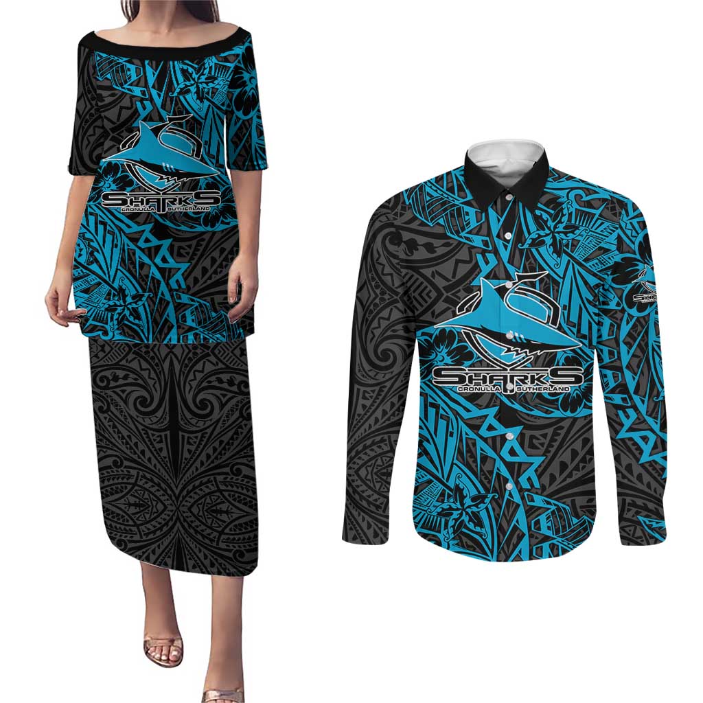 Personalised Cronulla-Sutherland Sharks Couples Matching Puletasi and Long Sleeve Button Shirt Polynesian Tribal Pattern With Rugby Shark Mascot Art