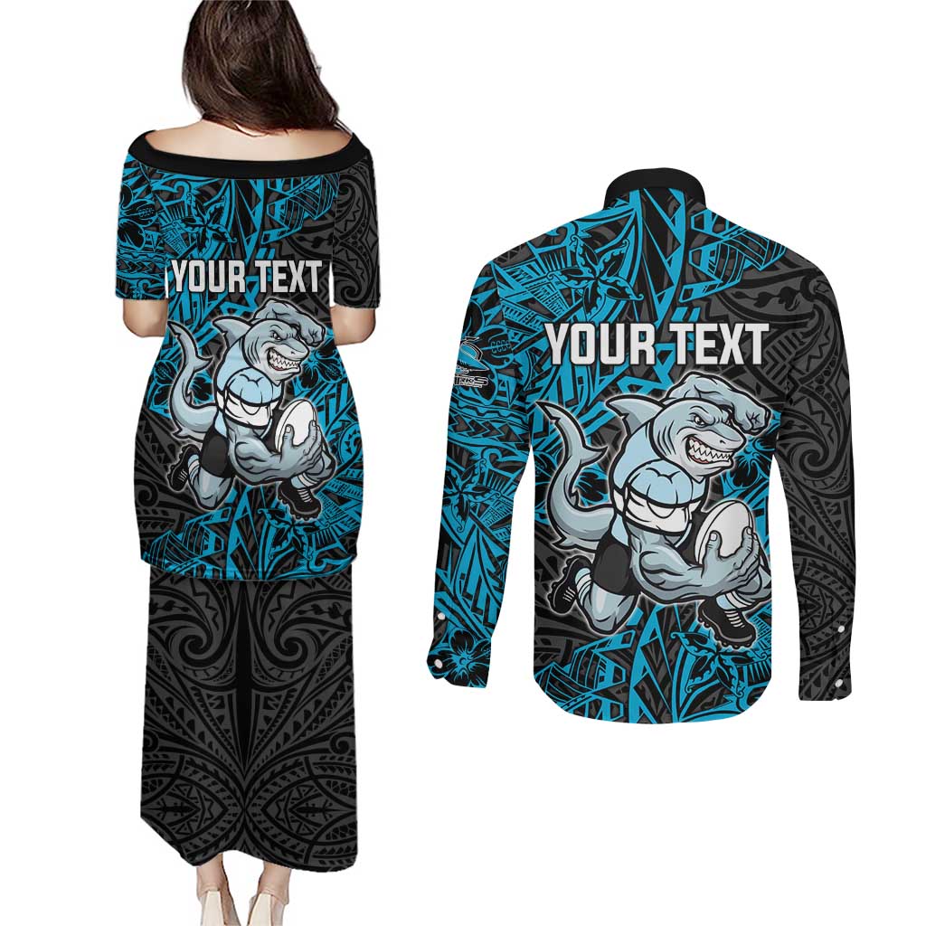 Personalised Cronulla-Sutherland Sharks Couples Matching Puletasi and Long Sleeve Button Shirt Polynesian Tribal Pattern With Rugby Shark Mascot Art