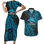 Personalised Cronulla-Sutherland Sharks Couples Matching Short Sleeve Bodycon Dress and Hawaiian Shirt Polynesian Tribal Pattern With Rugby Shark Mascot Art