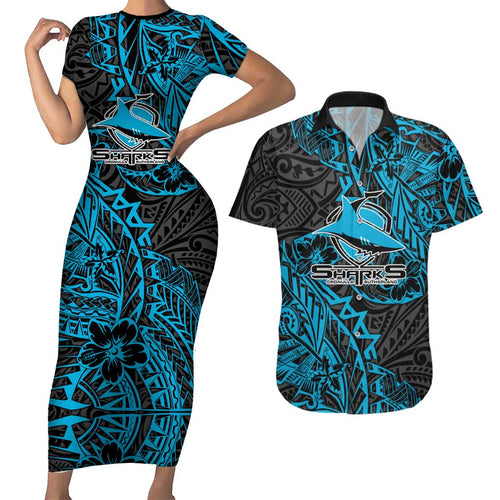 Personalised Cronulla-Sutherland Sharks Couples Matching Short Sleeve Bodycon Dress and Hawaiian Shirt Polynesian Tribal Pattern With Rugby Shark Mascot Art