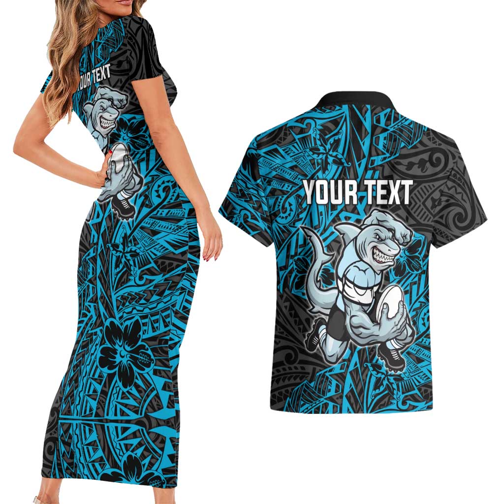 Personalised Cronulla-Sutherland Sharks Couples Matching Short Sleeve Bodycon Dress and Hawaiian Shirt Polynesian Tribal Pattern With Rugby Shark Mascot Art