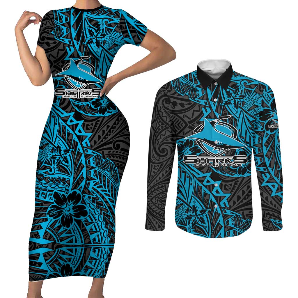 Personalised Cronulla-Sutherland Sharks Couples Matching Short Sleeve Bodycon Dress and Long Sleeve Button Shirt Polynesian Tribal Pattern With Rugby Shark Mascot Art