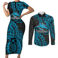 Personalised Cronulla-Sutherland Sharks Couples Matching Short Sleeve Bodycon Dress and Long Sleeve Button Shirt Polynesian Tribal Pattern With Rugby Shark Mascot Art