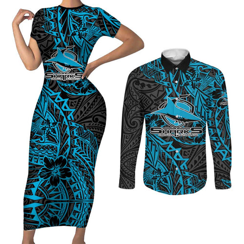 Personalised Cronulla-Sutherland Sharks Couples Matching Short Sleeve Bodycon Dress and Long Sleeve Button Shirt Polynesian Tribal Pattern With Rugby Shark Mascot Art