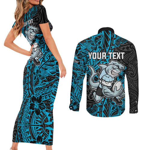 Personalised Cronulla-Sutherland Sharks Couples Matching Short Sleeve Bodycon Dress and Long Sleeve Button Shirt Polynesian Tribal Pattern With Rugby Shark Mascot Art