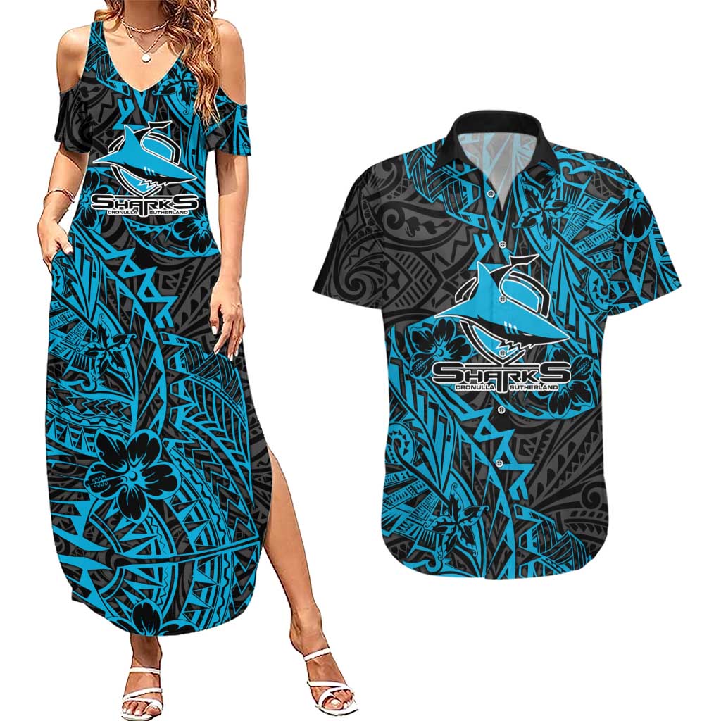 Personalised Cronulla-Sutherland Sharks Couples Matching Summer Maxi Dress and Hawaiian Shirt Polynesian Tribal Pattern With Rugby Shark Mascot Art