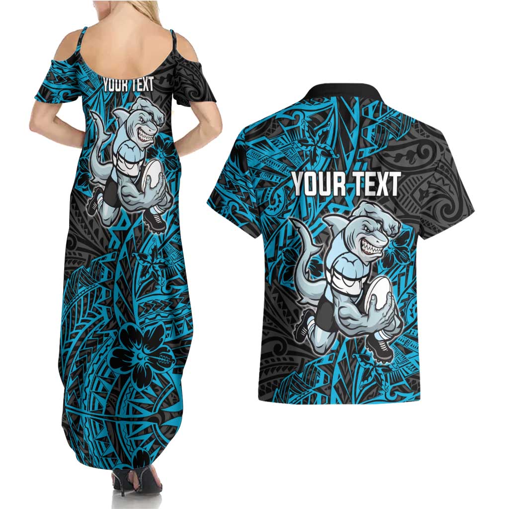 Personalised Cronulla-Sutherland Sharks Couples Matching Summer Maxi Dress and Hawaiian Shirt Polynesian Tribal Pattern With Rugby Shark Mascot Art