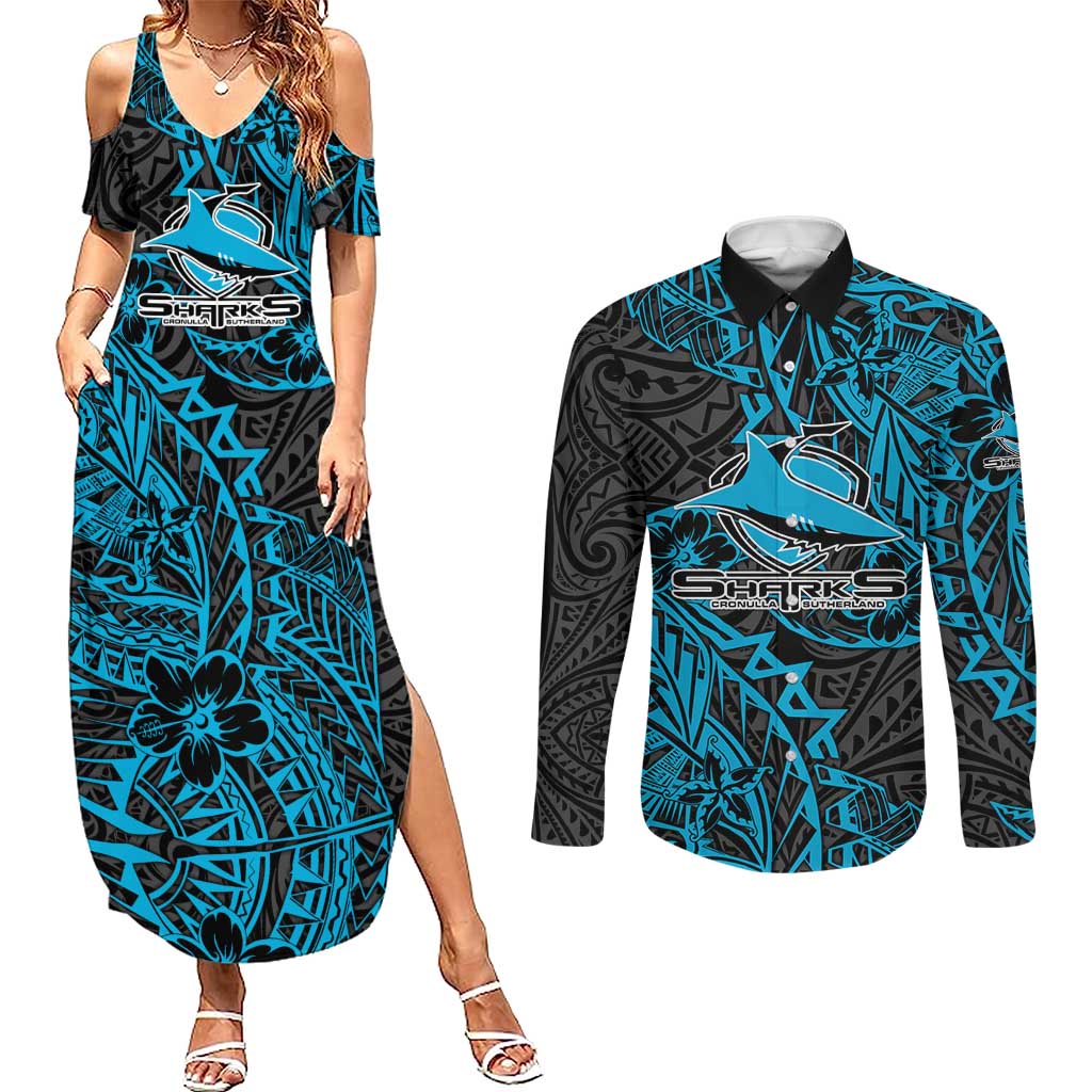 Personalised Cronulla-Sutherland Sharks Couples Matching Summer Maxi Dress and Long Sleeve Button Shirt Polynesian Tribal Pattern With Rugby Shark Mascot Art