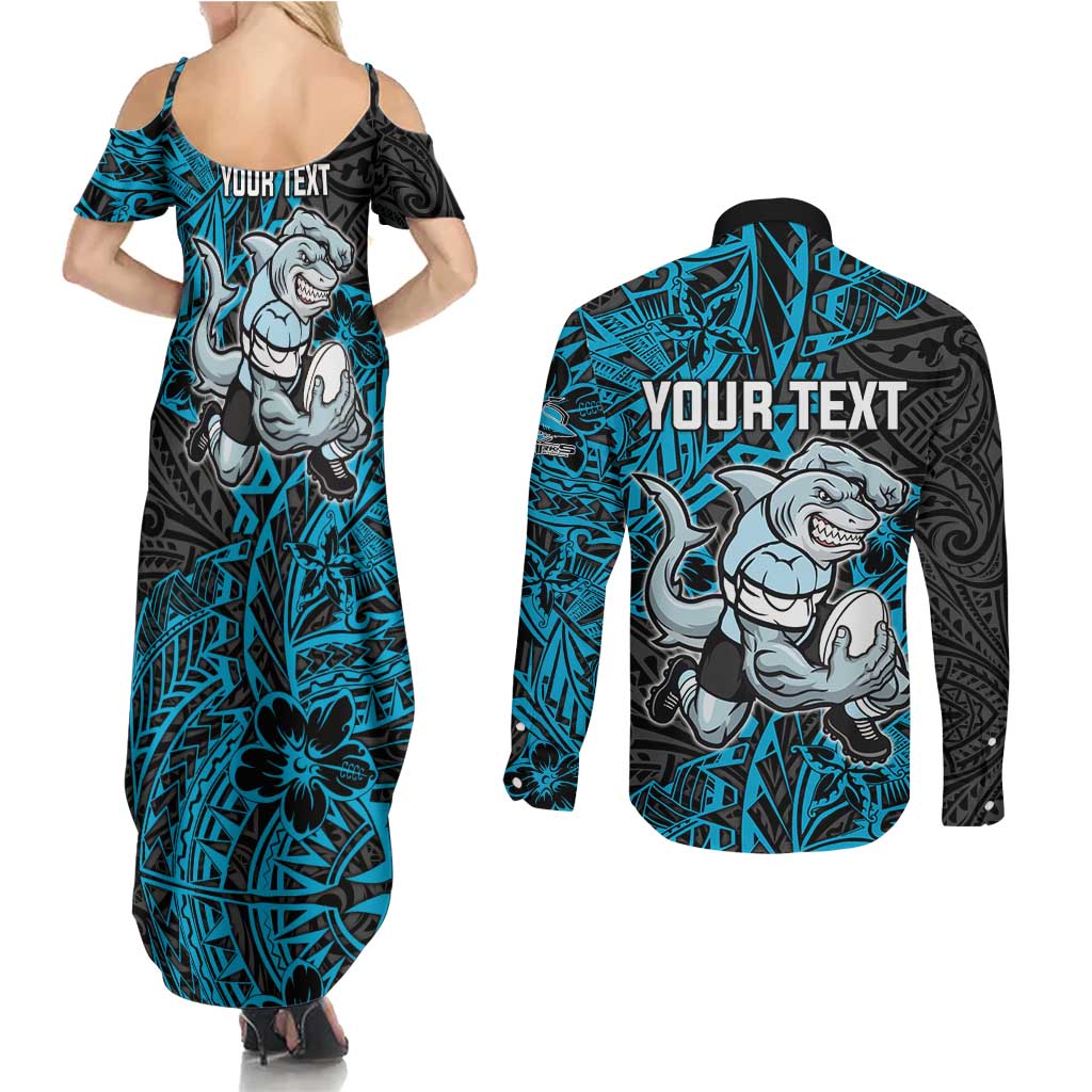 Personalised Cronulla-Sutherland Sharks Couples Matching Summer Maxi Dress and Long Sleeve Button Shirt Polynesian Tribal Pattern With Rugby Shark Mascot Art
