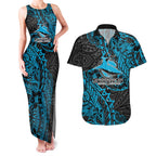 Personalised Cronulla-Sutherland Sharks Couples Matching Tank Maxi Dress and Hawaiian Shirt Polynesian Tribal Pattern With Rugby Shark Mascot Art
