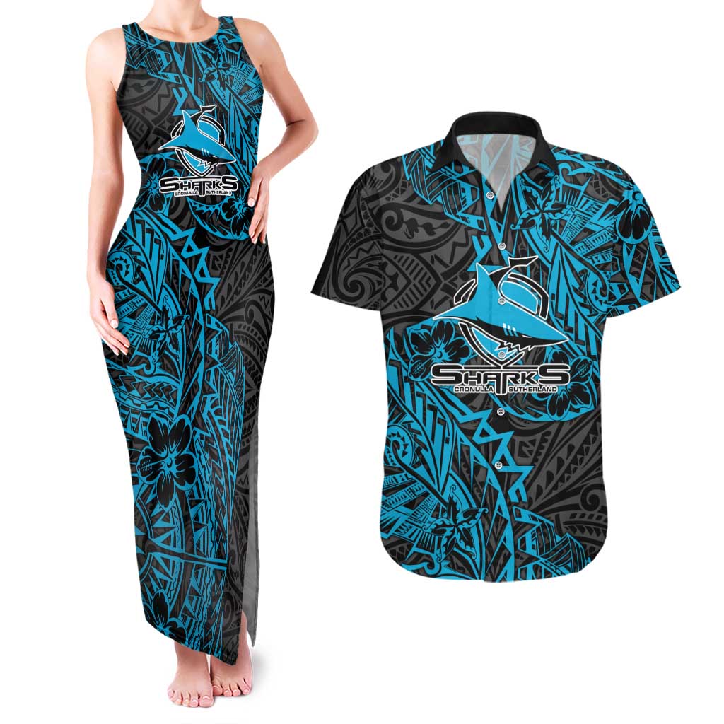 Personalised Cronulla-Sutherland Sharks Couples Matching Tank Maxi Dress and Hawaiian Shirt Polynesian Tribal Pattern With Rugby Shark Mascot Art