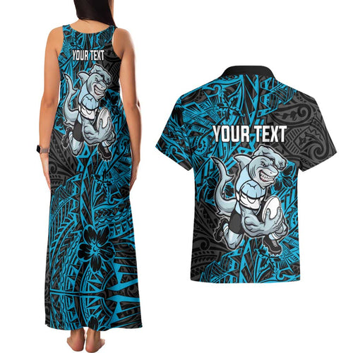Personalised Cronulla-Sutherland Sharks Couples Matching Tank Maxi Dress and Hawaiian Shirt Polynesian Tribal Pattern With Rugby Shark Mascot Art