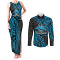 Personalised Cronulla-Sutherland Sharks Couples Matching Tank Maxi Dress and Long Sleeve Button Shirt Polynesian Tribal Pattern With Rugby Shark Mascot Art