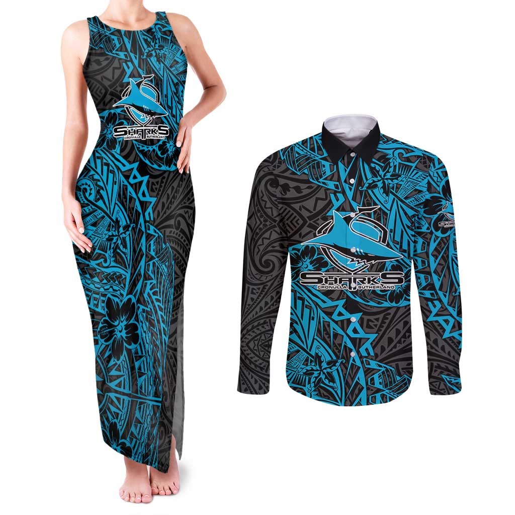 Personalised Cronulla-Sutherland Sharks Couples Matching Tank Maxi Dress and Long Sleeve Button Shirt Polynesian Tribal Pattern With Rugby Shark Mascot Art