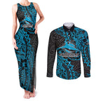 Personalised Cronulla-Sutherland Sharks Couples Matching Tank Maxi Dress and Long Sleeve Button Shirt Polynesian Tribal Pattern With Rugby Shark Mascot Art