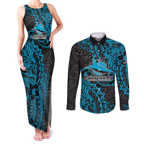 Personalised Cronulla-Sutherland Sharks Couples Matching Tank Maxi Dress and Long Sleeve Button Shirt Polynesian Tribal Pattern With Rugby Shark Mascot Art