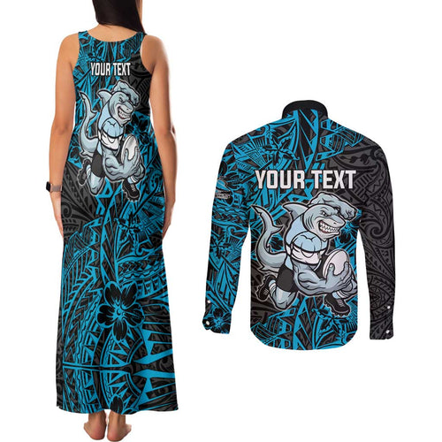 Personalised Cronulla-Sutherland Sharks Couples Matching Tank Maxi Dress and Long Sleeve Button Shirt Polynesian Tribal Pattern With Rugby Shark Mascot Art
