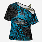 Personalised Cronulla-Sutherland Sharks Cross Shoulder Shirt Polynesian Tribal Pattern With Rugby Shark Mascot Art