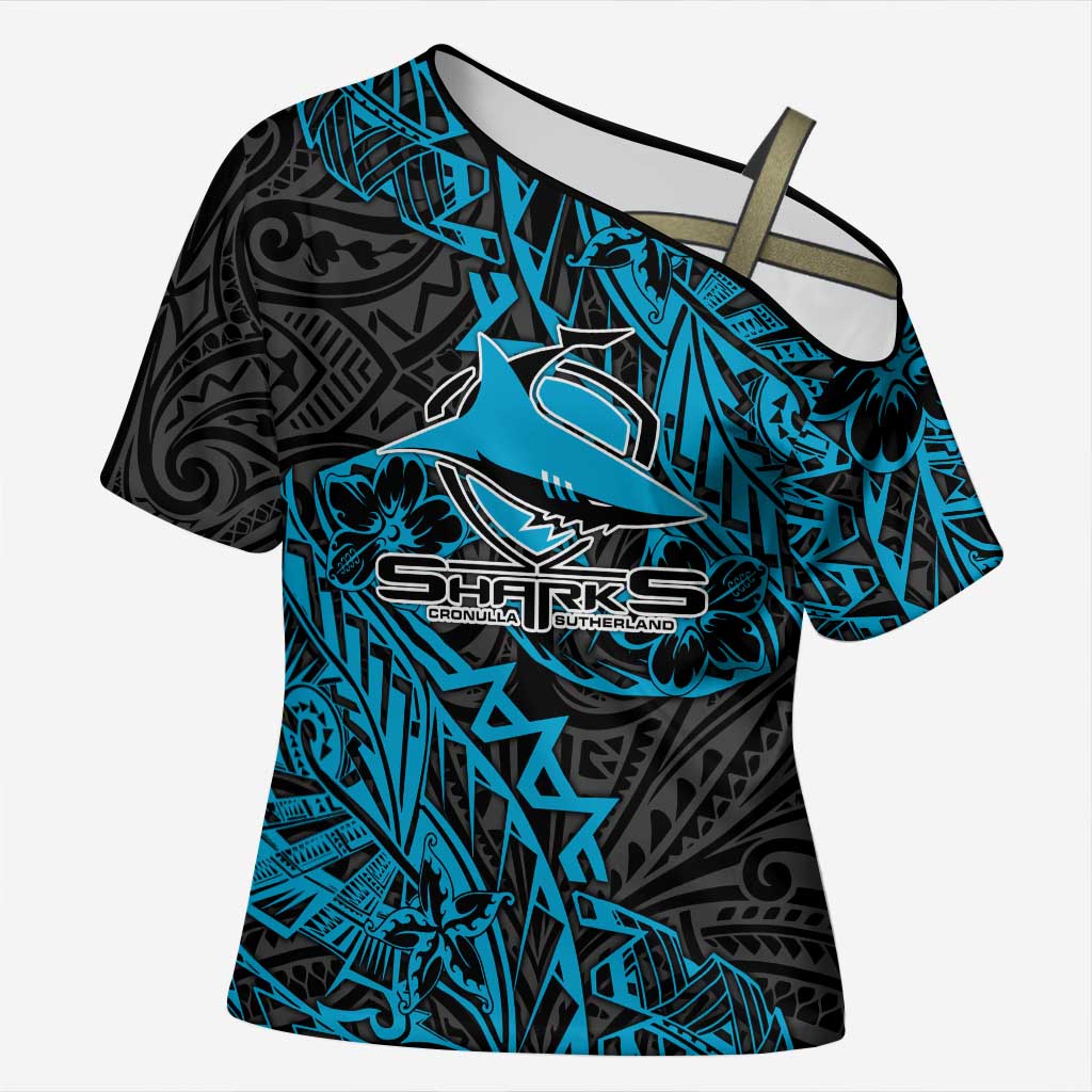 Personalised Cronulla-Sutherland Sharks Cross Shoulder Shirt Polynesian Tribal Pattern With Rugby Shark Mascot Art