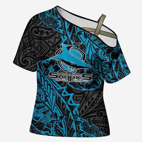 Personalised Cronulla-Sutherland Sharks Cross Shoulder Shirt Polynesian Tribal Pattern With Rugby Shark Mascot Art