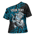 Personalised Cronulla-Sutherland Sharks Cross Shoulder Shirt Polynesian Tribal Pattern With Rugby Shark Mascot Art