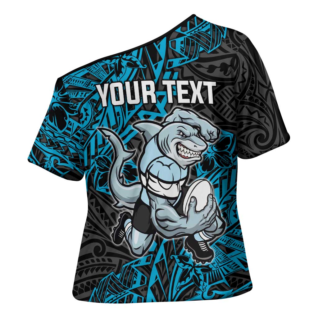 Personalised Cronulla-Sutherland Sharks Cross Shoulder Shirt Polynesian Tribal Pattern With Rugby Shark Mascot Art
