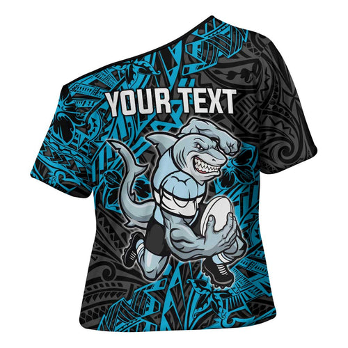 Personalised Cronulla-Sutherland Sharks Cross Shoulder Shirt Polynesian Tribal Pattern With Rugby Shark Mascot Art