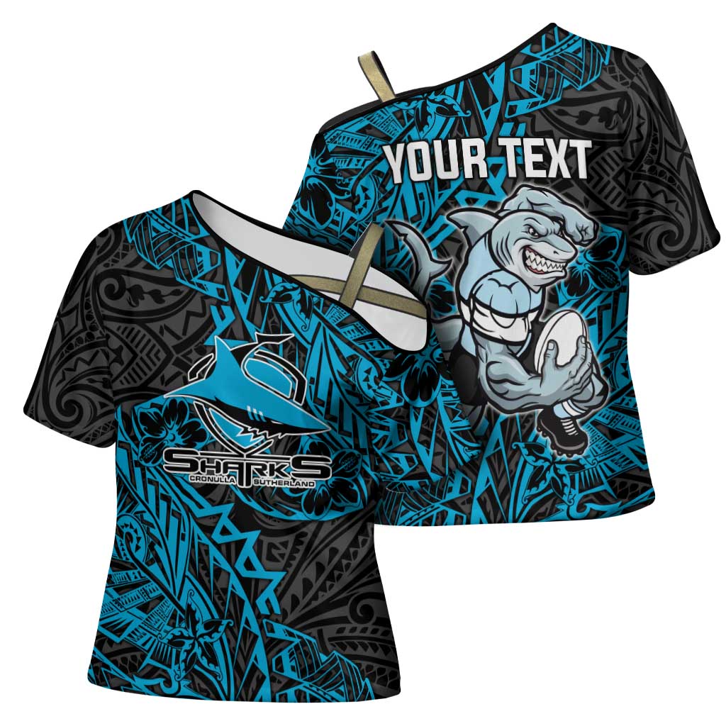 Personalised Cronulla-Sutherland Sharks Cross Shoulder Shirt Polynesian Tribal Pattern With Rugby Shark Mascot Art