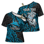 Personalised Cronulla-Sutherland Sharks Cross Shoulder Shirt Polynesian Tribal Pattern With Rugby Shark Mascot Art