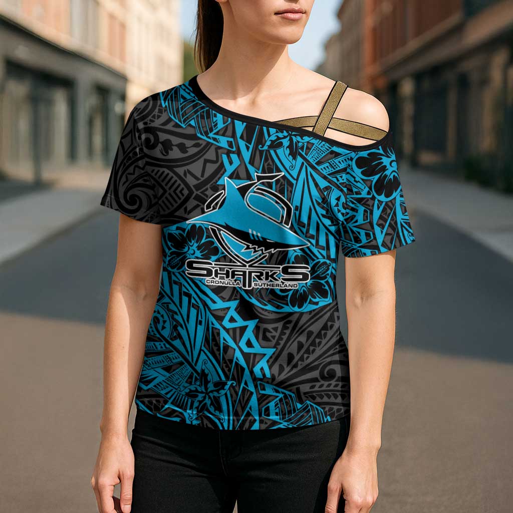 Personalised Cronulla-Sutherland Sharks Cross Shoulder Shirt Polynesian Tribal Pattern With Rugby Shark Mascot Art
