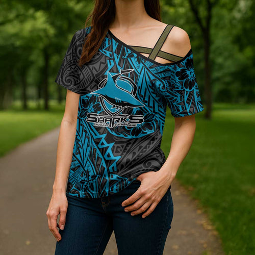 Personalised Cronulla-Sutherland Sharks Cross Shoulder Shirt Polynesian Tribal Pattern With Rugby Shark Mascot Art