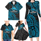 Personalised Cronulla-Sutherland Sharks Family Matching Long Sleeve Bodycon Dress and Hawaiian Shirt Polynesian Tribal Pattern With Rugby Shark Mascot Art