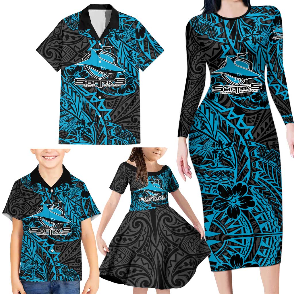 Personalised Cronulla-Sutherland Sharks Family Matching Long Sleeve Bodycon Dress and Hawaiian Shirt Polynesian Tribal Pattern With Rugby Shark Mascot Art