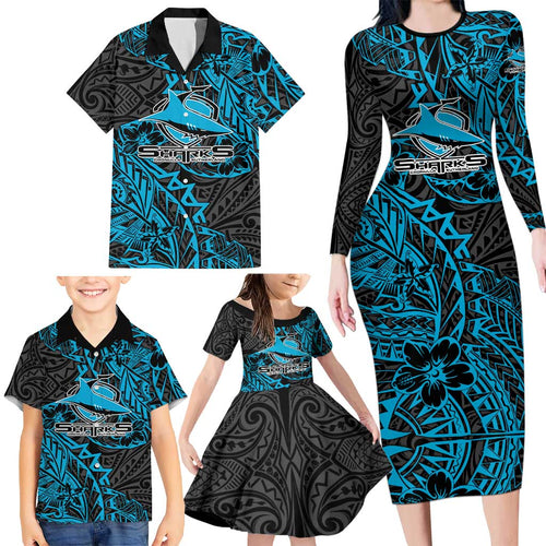Personalised Cronulla-Sutherland Sharks Family Matching Long Sleeve Bodycon Dress and Hawaiian Shirt Polynesian Tribal Pattern With Rugby Shark Mascot Art