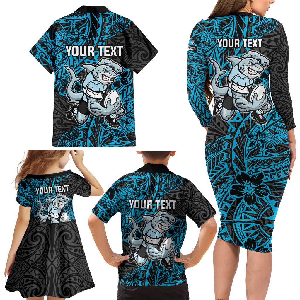 Personalised Cronulla-Sutherland Sharks Family Matching Long Sleeve Bodycon Dress and Hawaiian Shirt Polynesian Tribal Pattern With Rugby Shark Mascot Art