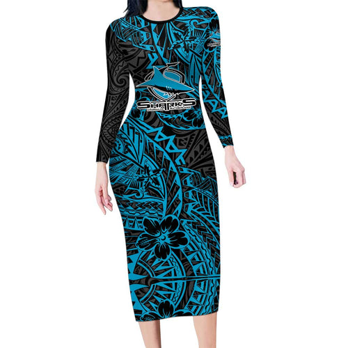 Personalised Cronulla-Sutherland Sharks Family Matching Long Sleeve Bodycon Dress and Hawaiian Shirt Polynesian Tribal Pattern With Rugby Shark Mascot Art