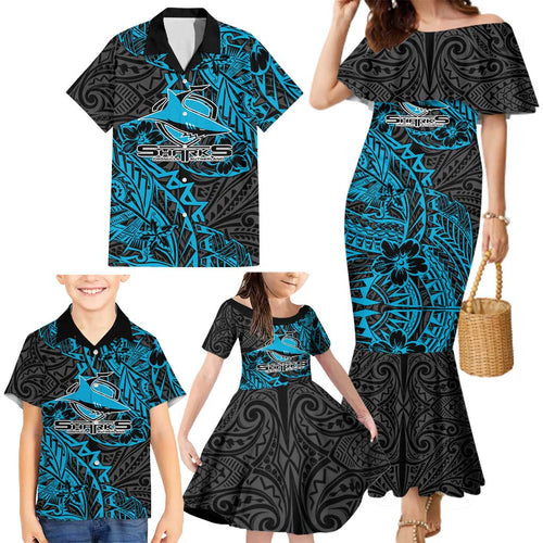 Personalised Cronulla-Sutherland Sharks Family Matching Mermaid Dress and Hawaiian Shirt Polynesian Tribal Pattern With Rugby Shark Mascot Art