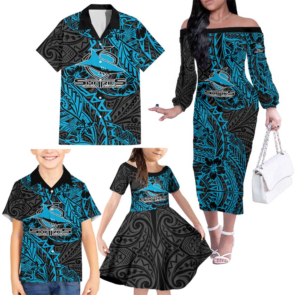 Personalised Cronulla-Sutherland Sharks Family Matching Off The Shoulder Long Sleeve Dress and Hawaiian Shirt Polynesian Tribal Pattern With Rugby Shark Mascot Art