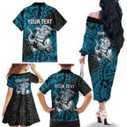 Personalised Cronulla-Sutherland Sharks Family Matching Off The Shoulder Long Sleeve Dress and Hawaiian Shirt Polynesian Tribal Pattern With Rugby Shark Mascot Art