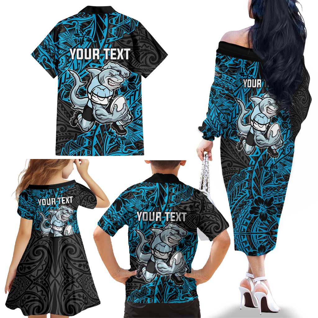 Personalised Cronulla-Sutherland Sharks Family Matching Off The Shoulder Long Sleeve Dress and Hawaiian Shirt Polynesian Tribal Pattern With Rugby Shark Mascot Art