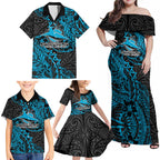 Personalised Cronulla-Sutherland Sharks Family Matching Off Shoulder Maxi Dress and Hawaiian Shirt Polynesian Tribal Pattern With Rugby Shark Mascot Art