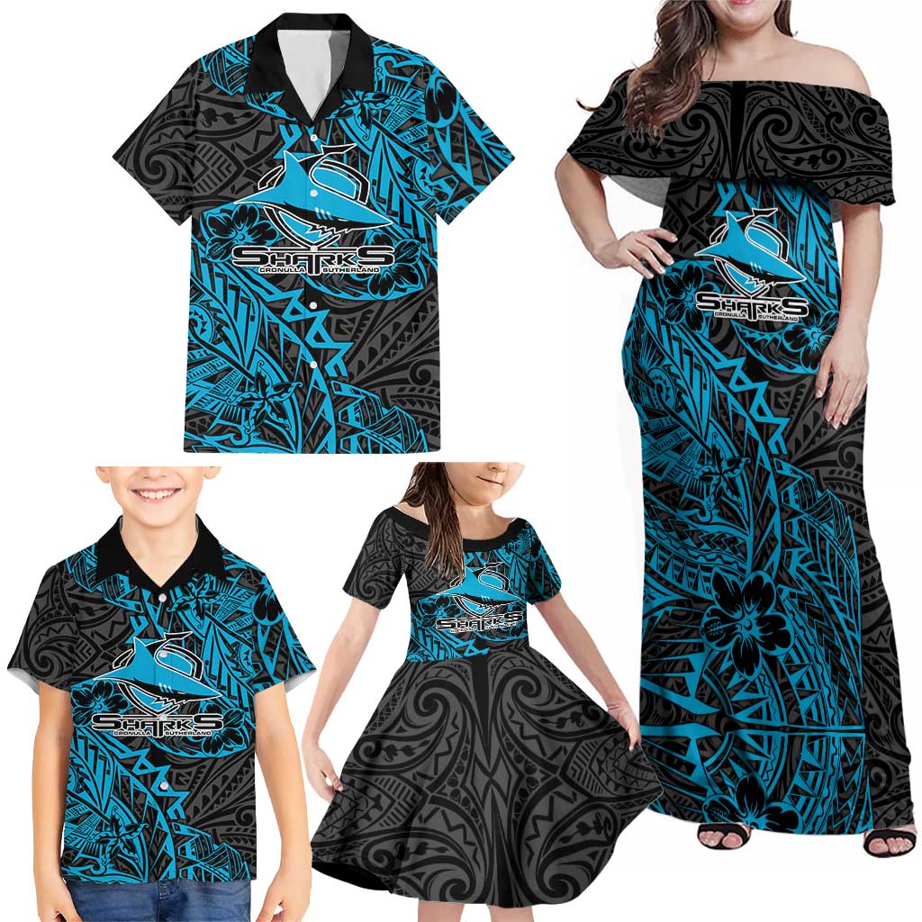Personalised Cronulla-Sutherland Sharks Family Matching Off Shoulder Maxi Dress and Hawaiian Shirt Polynesian Tribal Pattern With Rugby Shark Mascot Art