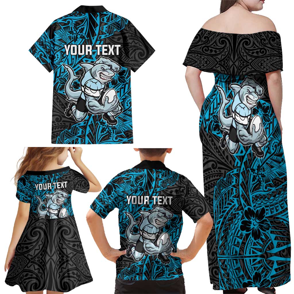 Personalised Cronulla-Sutherland Sharks Family Matching Off Shoulder Maxi Dress and Hawaiian Shirt Polynesian Tribal Pattern With Rugby Shark Mascot Art