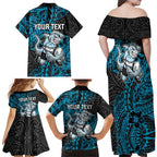 Personalised Cronulla-Sutherland Sharks Family Matching Off Shoulder Maxi Dress and Hawaiian Shirt Polynesian Tribal Pattern With Rugby Shark Mascot Art