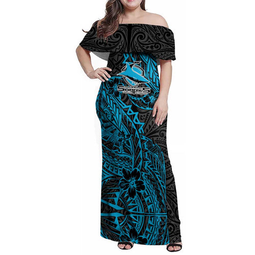 Personalised Cronulla-Sutherland Sharks Family Matching Off Shoulder Maxi Dress and Hawaiian Shirt Polynesian Tribal Pattern With Rugby Shark Mascot Art