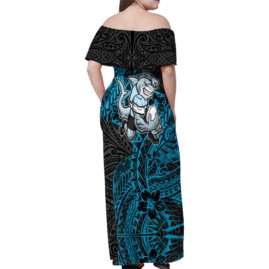 Personalised Cronulla-Sutherland Sharks Family Matching Off Shoulder Maxi Dress and Hawaiian Shirt Polynesian Tribal Pattern With Rugby Shark Mascot Art