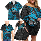 Personalised Cronulla-Sutherland Sharks Family Matching Off Shoulder Short Dress and Hawaiian Shirt Polynesian Tribal Pattern With Rugby Shark Mascot Art